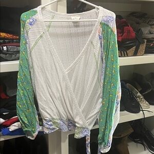 Three Bird Nest White and Green Floral Wrap Blouse